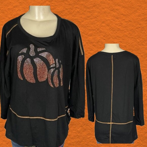 One World L Black Crew Neckline Studded Pumpkin Graphic Relax Fit 3/4 Sleeve Tee - Picture 1 of 6